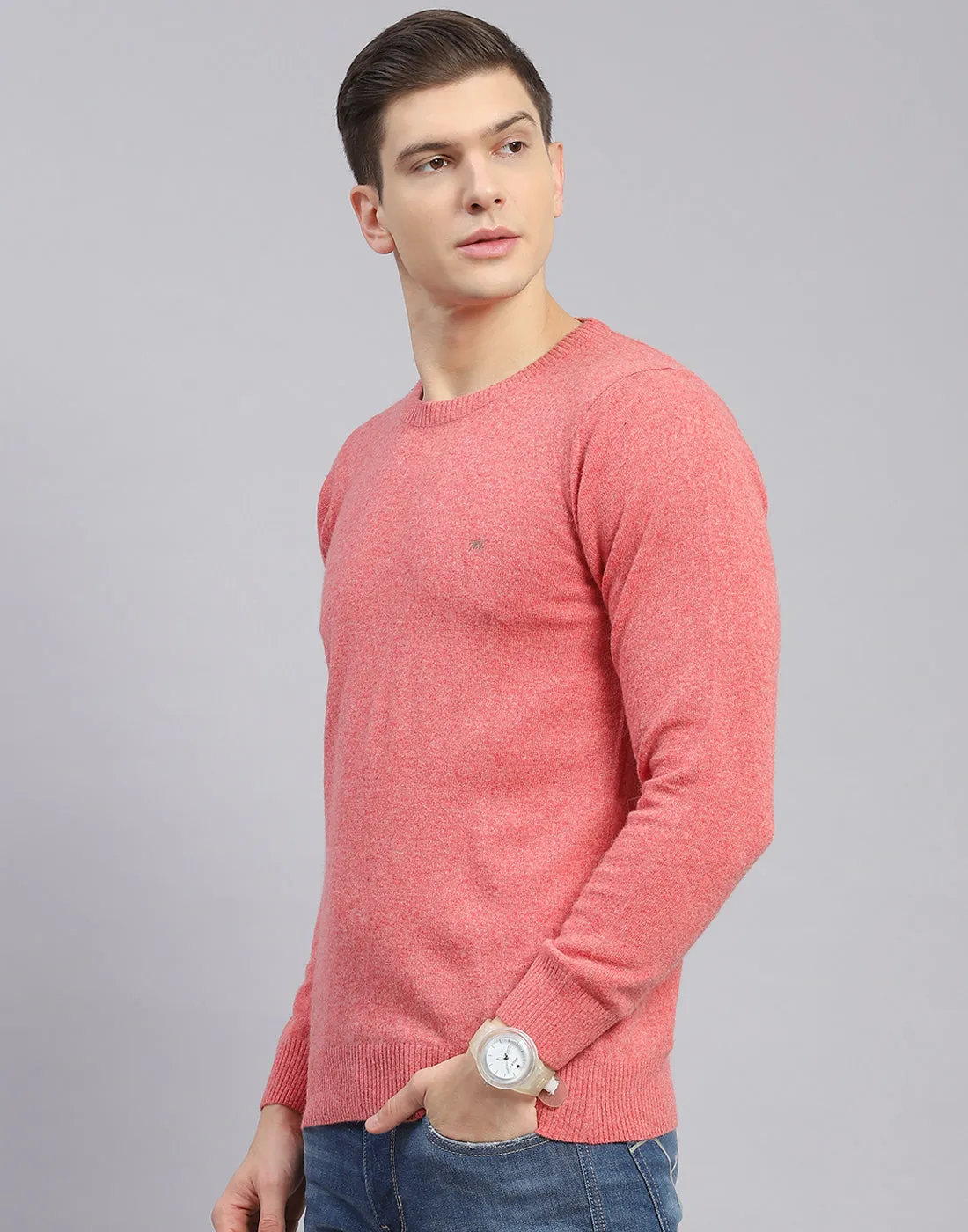 Men Pink Solid Round Neck Full Sleeve Sweater