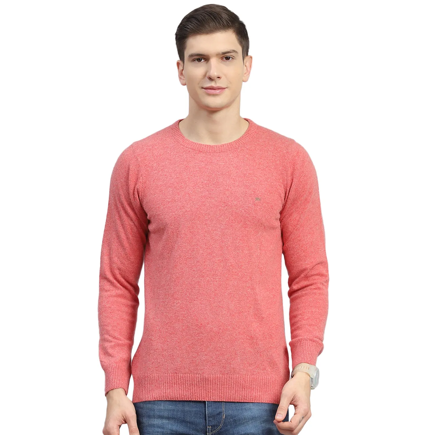 Men Pink Solid Round Neck Full Sleeve Sweater