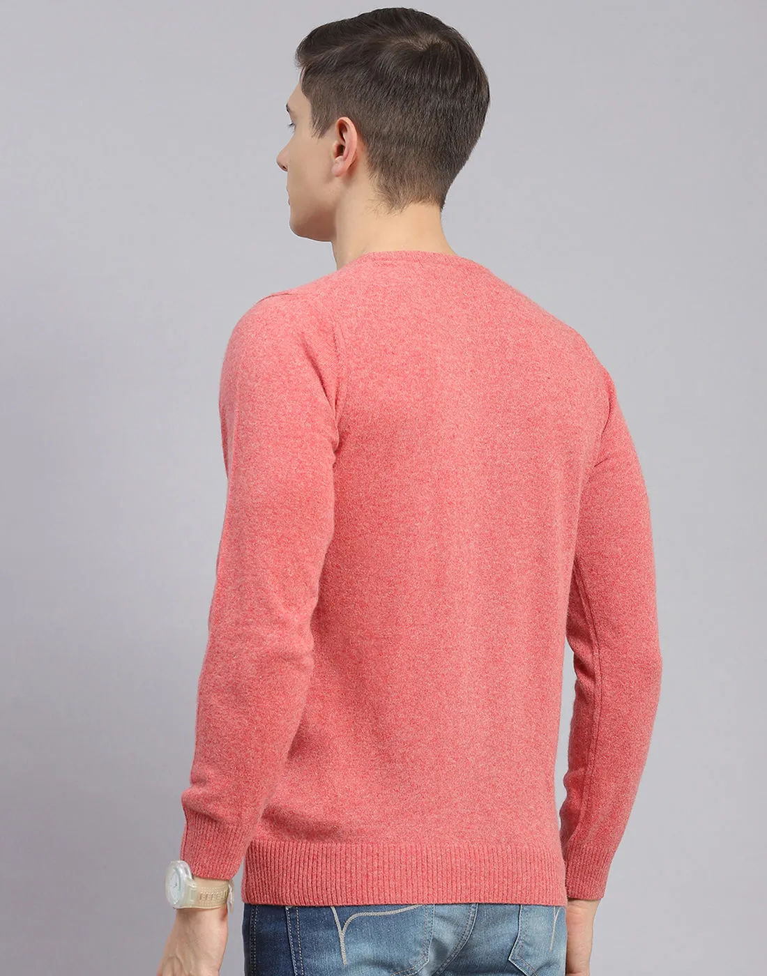 Men Pink Solid Round Neck Full Sleeve Sweater