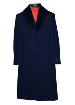 Moscow: SINGLE BREASTED DARK BLUE FUR COLLAR 3 BUTTON FULL LENGTH OVERCOAT