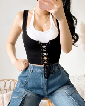 NAOMI DOUBLE LAYER CORSET CROP TOP (BLACK/WHITE)