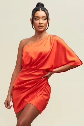 one shoulder satin wrap dress