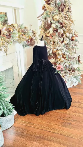 Penelope Velvet gown - Midnight black  with Sleeves  (6 Year - Petite 9 Year)