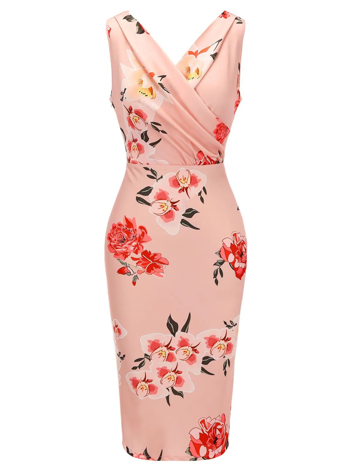 Pink 1950s V-neck Wrap Floral Pencil Dress