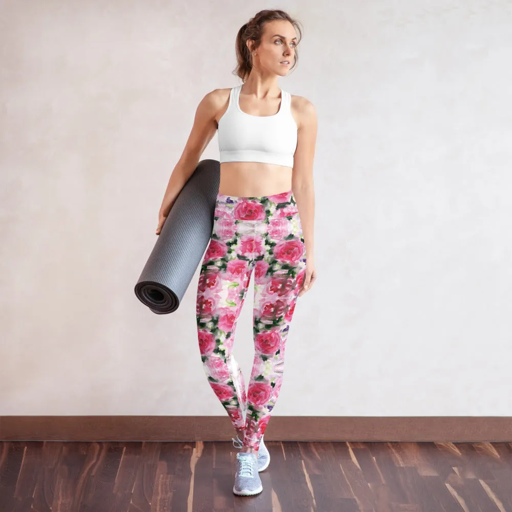 Pink Rose Women's Yoga Leggings, Floral Print Best Long Gym Tights-Made in USA/EU/MX