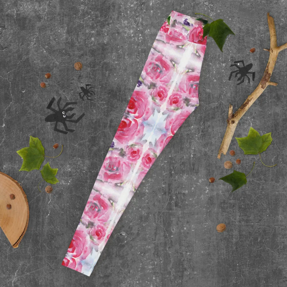 Pink Rose Women's Yoga Leggings, Floral Print Best Long Gym Tights-Made in USA/EU/MX