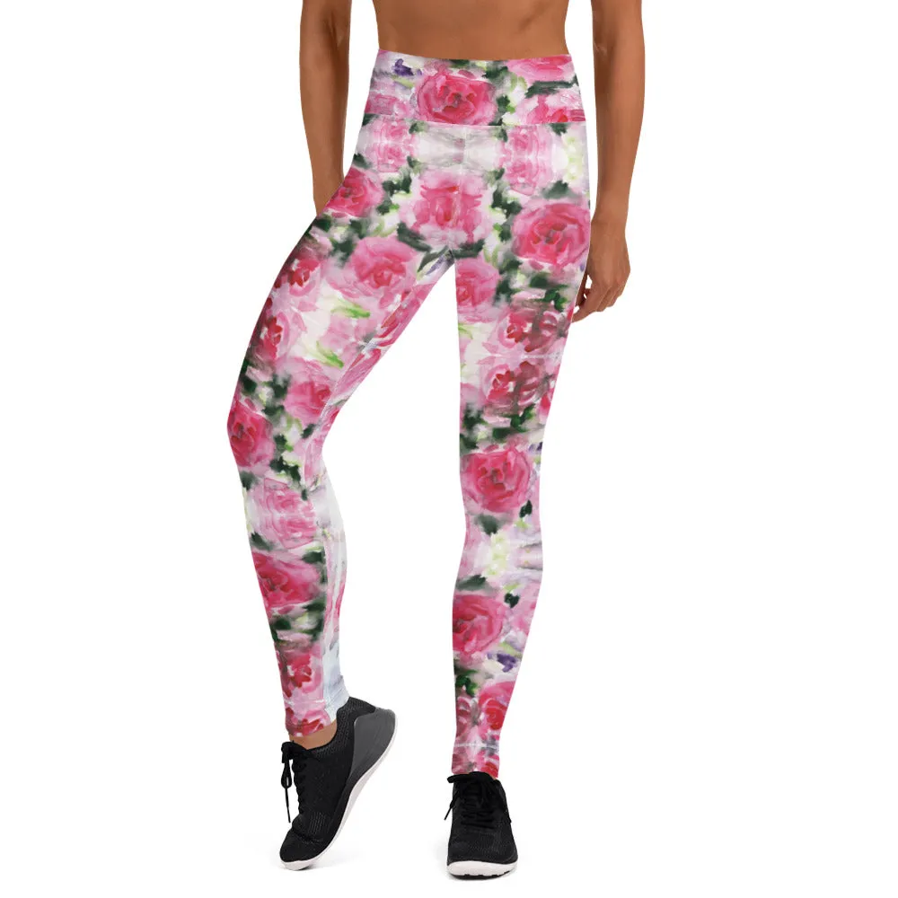 Pink Rose Women's Yoga Leggings, Floral Print Best Long Gym Tights-Made in USA/EU/MX