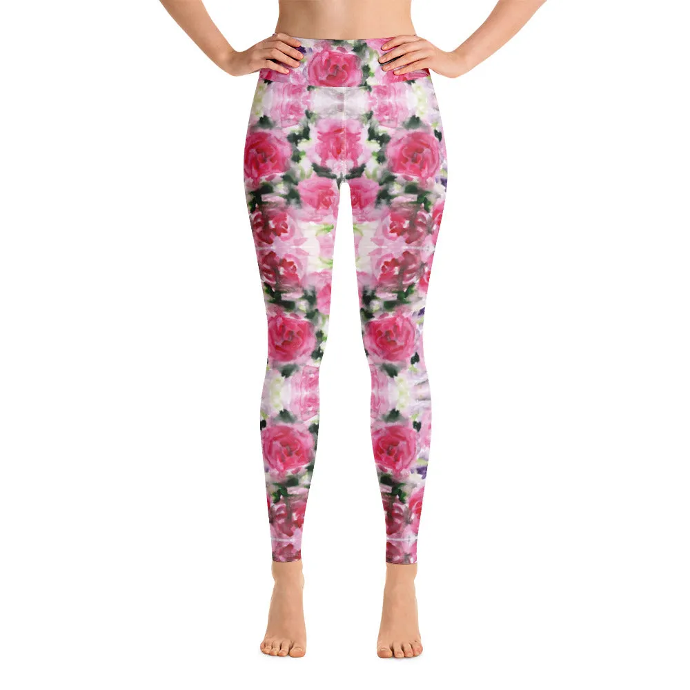 Pink Rose Women's Yoga Leggings, Floral Print Best Long Gym Tights-Made in USA/EU/MX