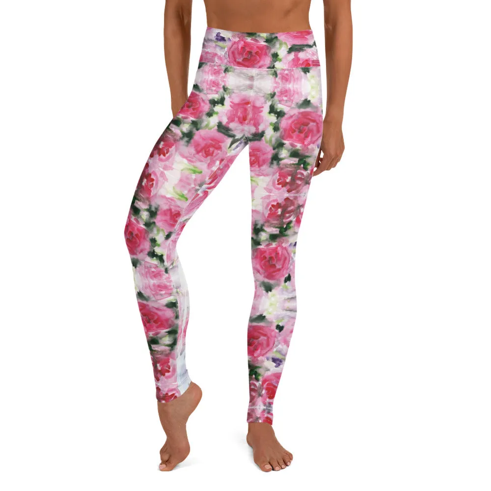 Pink Rose Women's Yoga Leggings, Floral Print Best Long Gym Tights-Made in USA/EU/MX