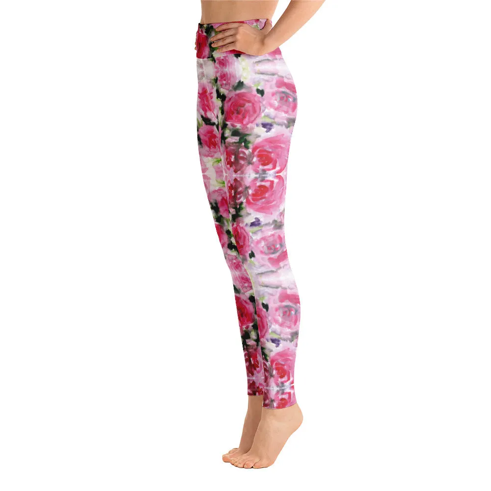 Pink Rose Women's Yoga Leggings, Floral Print Best Long Gym Tights-Made in USA/EU/MX