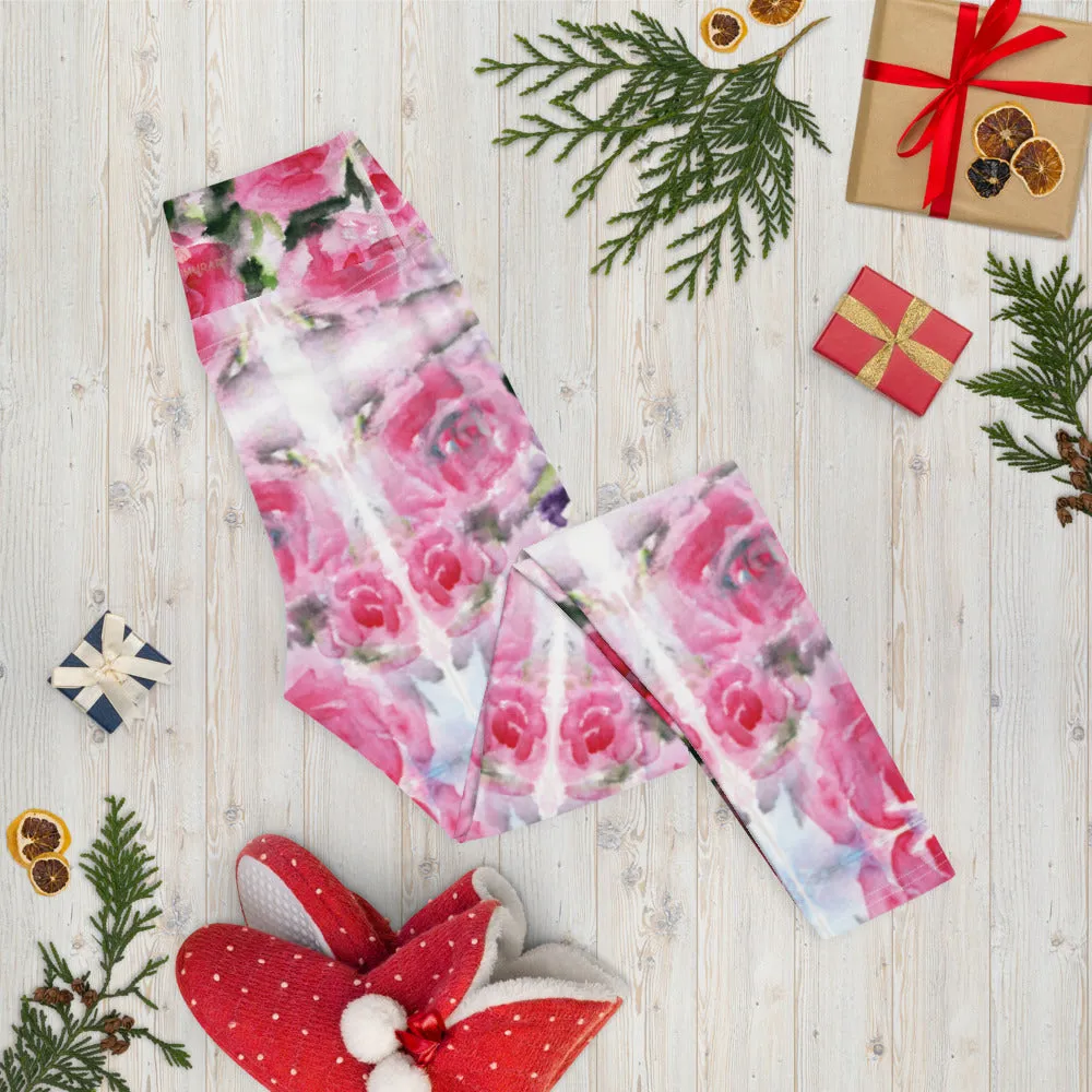 Pink Rose Women's Yoga Leggings, Floral Print Best Long Gym Tights-Made in USA/EU/MX