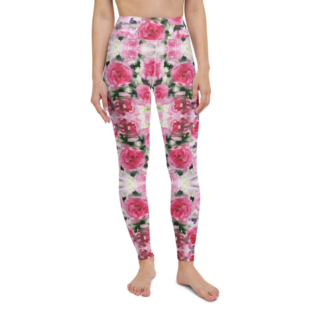 Pink Rose Women's Yoga Leggings, Floral Print Best Long Gym Tights-Made in USA/EU/MX