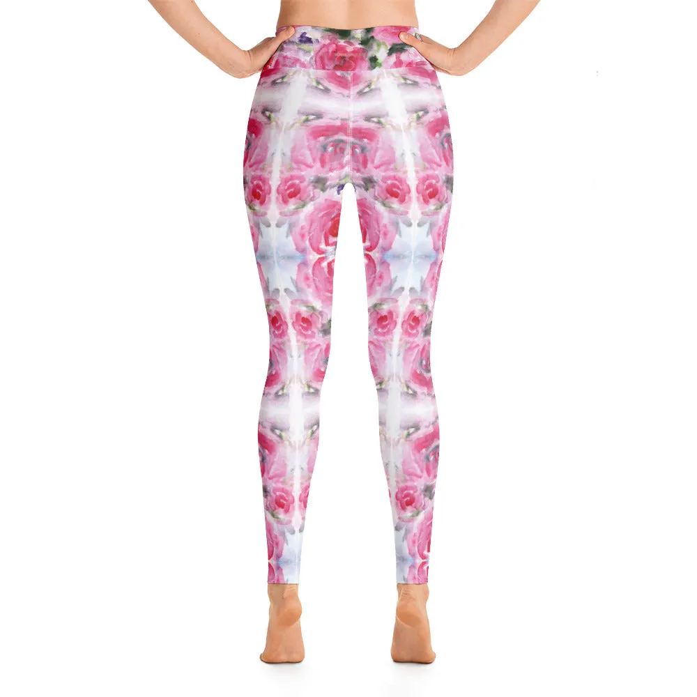 Pink Rose Women's Yoga Leggings, Floral Print Best Long Gym Tights-Made in USA/EU/MX