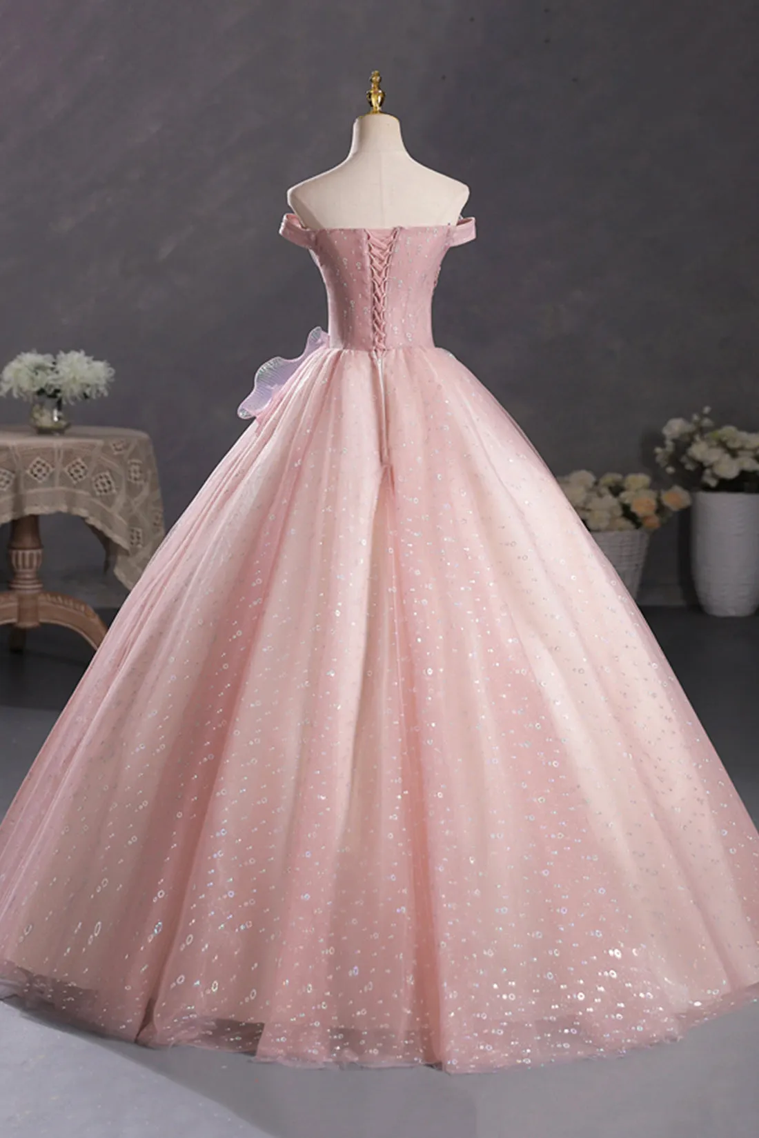 Pink Tulle Long A-Line Prom Dress with Lace, Beautiful Off Shoulder Sweet 16 Dress