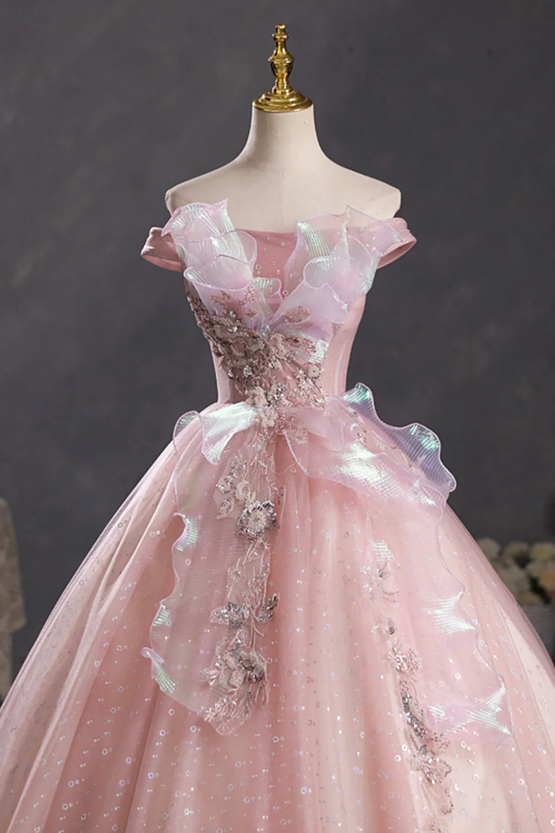 Pink Tulle Long A-Line Prom Dress with Lace, Beautiful Off Shoulder Sweet 16 Dress