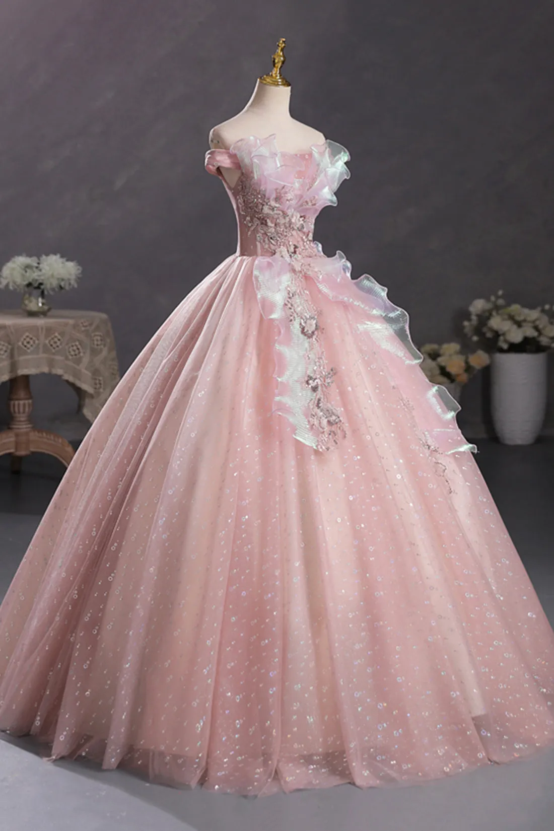 Pink Tulle Long A-Line Prom Dress with Lace, Beautiful Off Shoulder Sweet 16 Dress