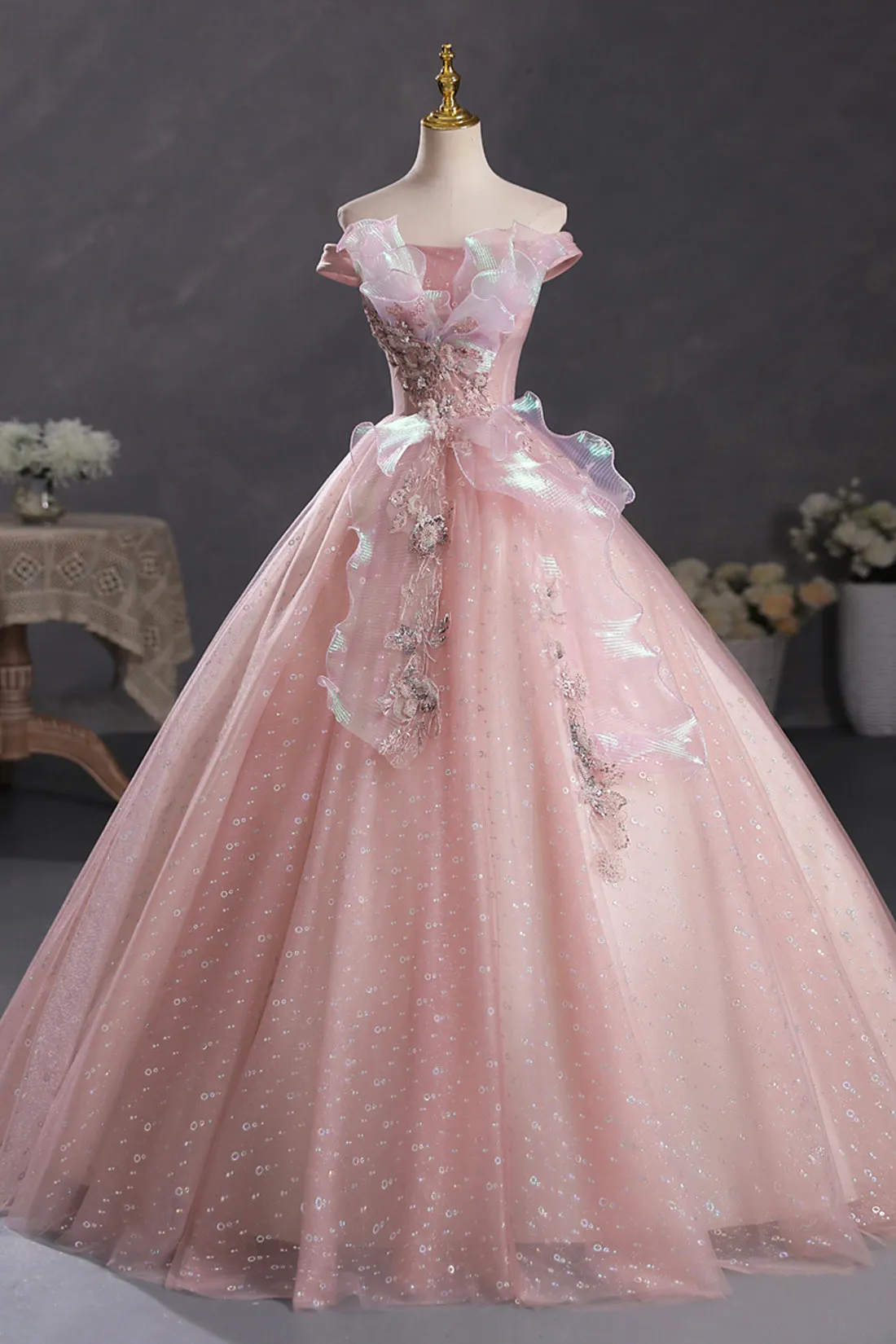 Pink Tulle Long A-Line Prom Dress with Lace, Beautiful Off Shoulder Sweet 16 Dress