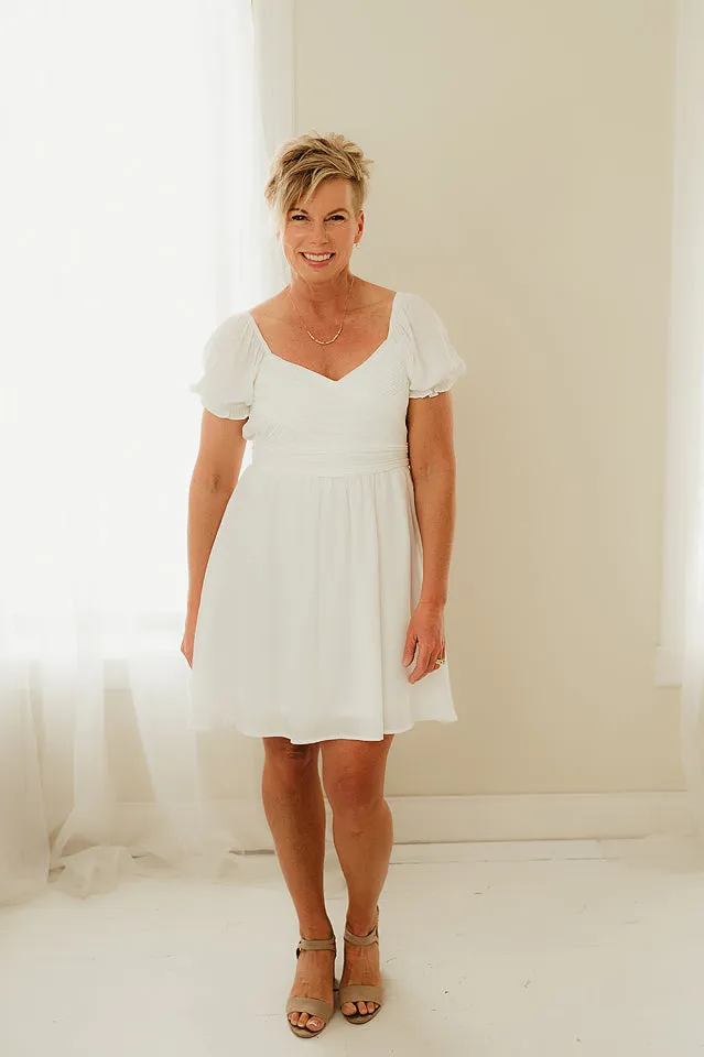 Pleated Wrap Puff Sleeve Back Tie Dress