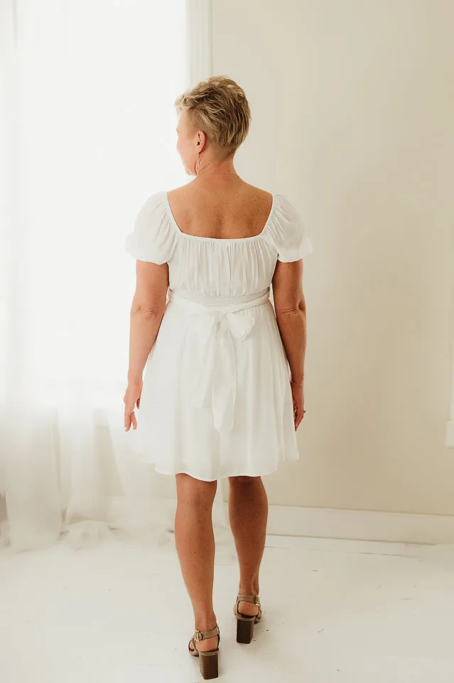 Pleated Wrap Puff Sleeve Back Tie Dress