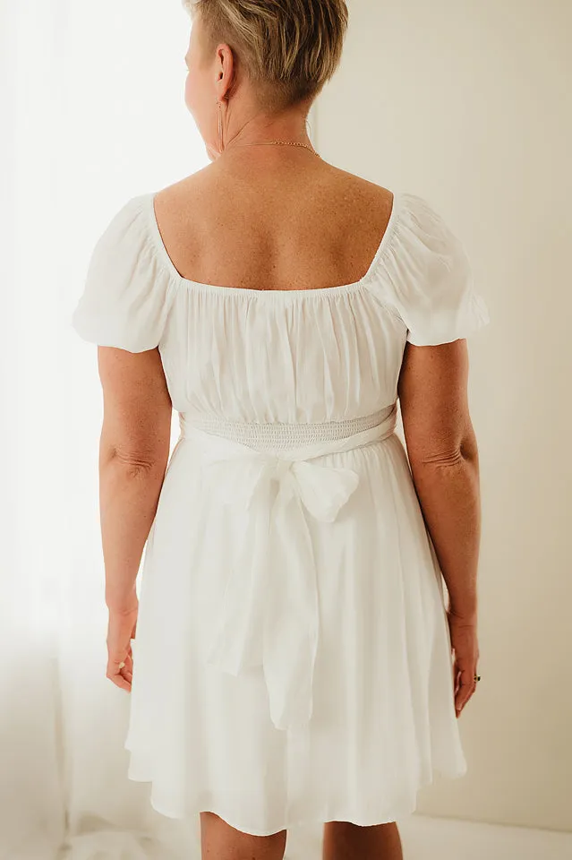Pleated Wrap Puff Sleeve Back Tie Dress