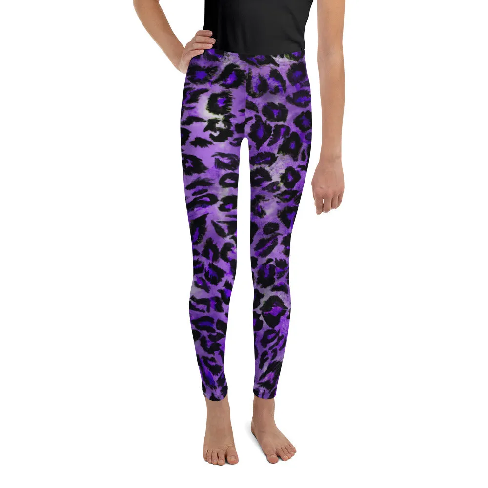 Purple Leopard Print Girl's Tights, Animal Print Premium Youth Leggings Tight Pants - Made in USA/EU