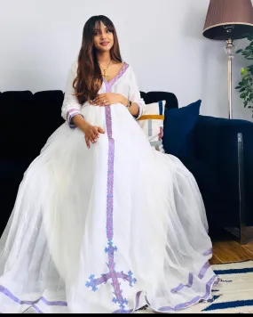 Radiant Color Elegant Habesha Kemis Modern Ethiopian Dress in Vibrant Purple Design