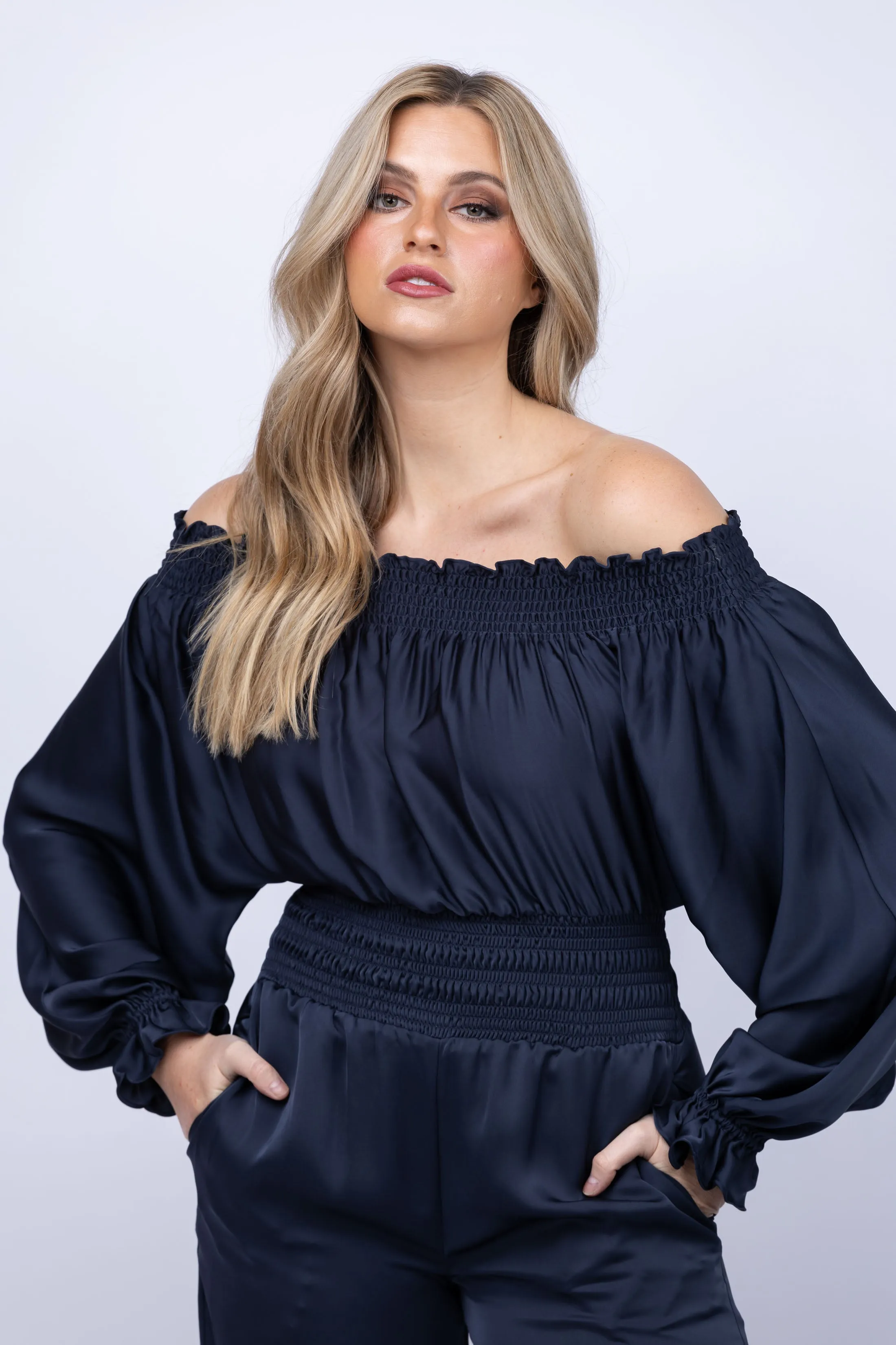 Ramy Brook Teagan Off The Shoulder Jumpsuit in Navy
