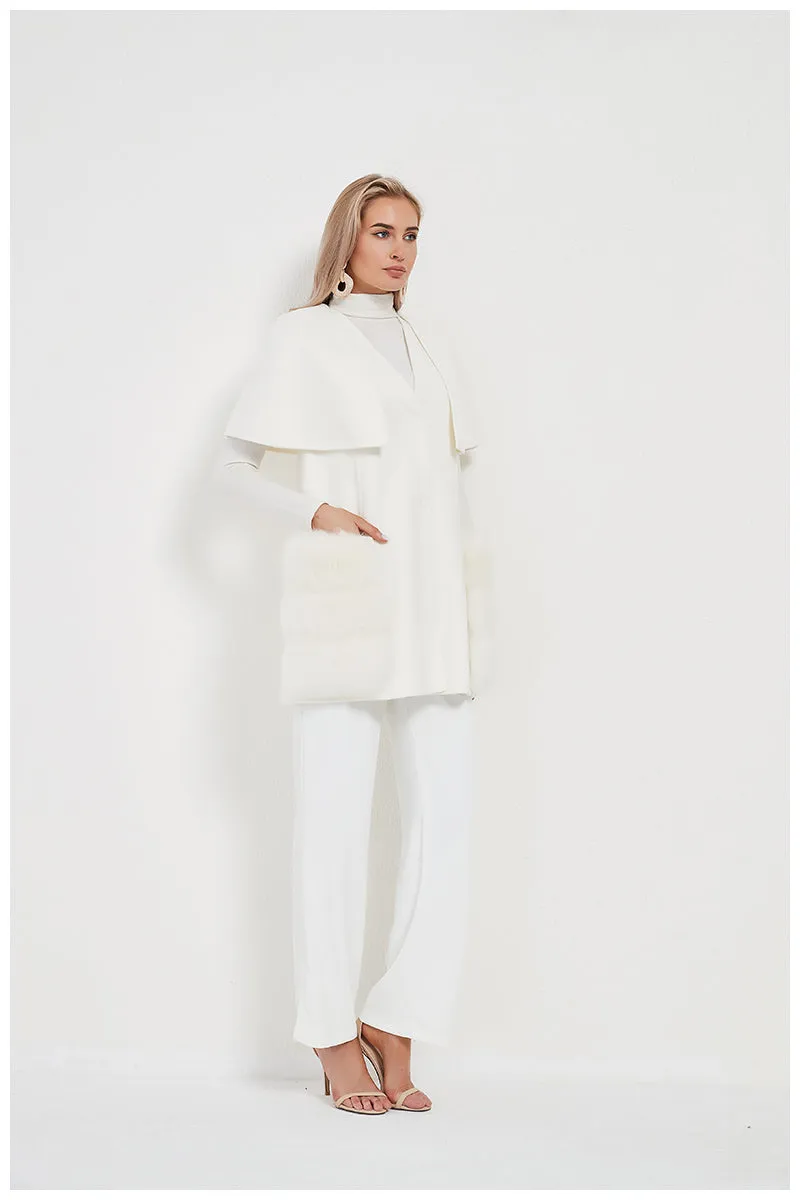 Real Fur Coat Wool Blends Fox Fur Vest Long Trench