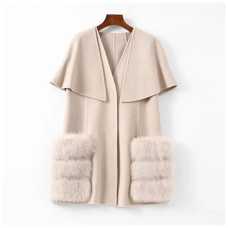 Real Fur Coat Wool Blends Fox Fur Vest Long Trench