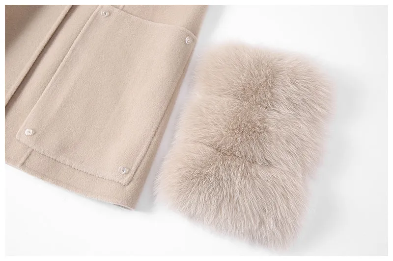 Real Fur Coat Wool Blends Fox Fur Vest Long Trench