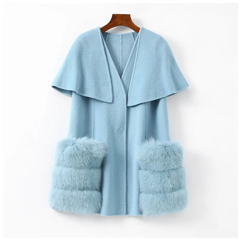 Real Fur Coat Wool Blends Fox Fur Vest Long Trench