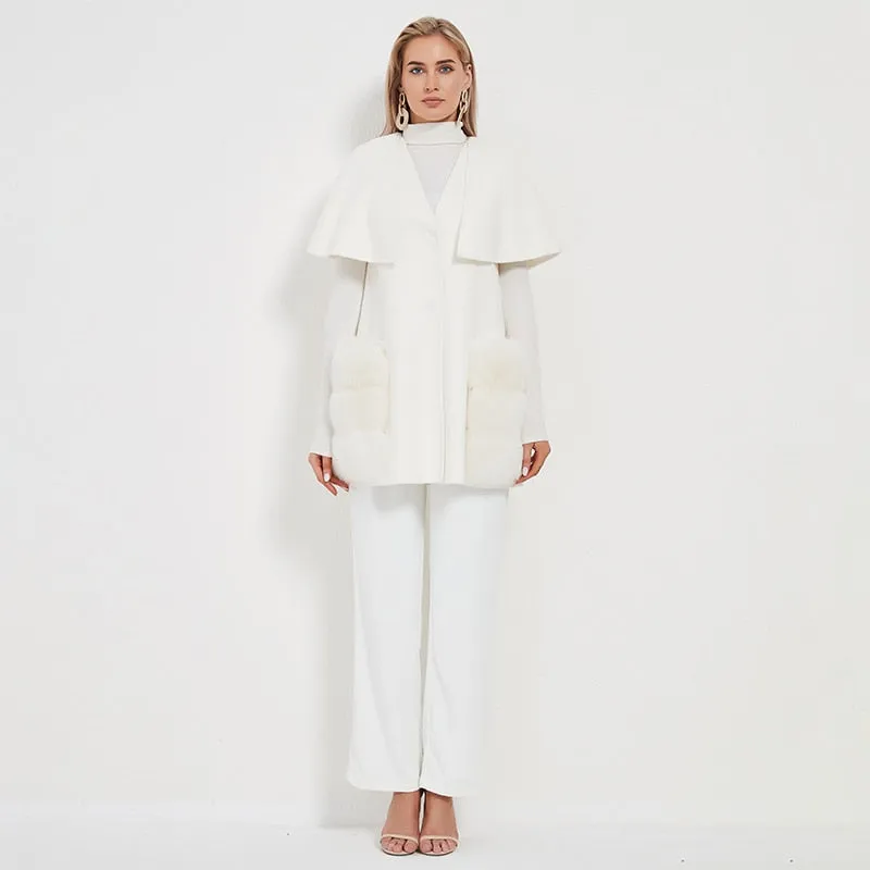 Real Fur Coat Wool Blends Fox Fur Vest Long Trench