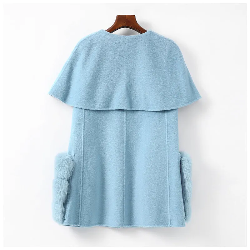 Real Fur Coat Wool Blends Fox Fur Vest Long Trench