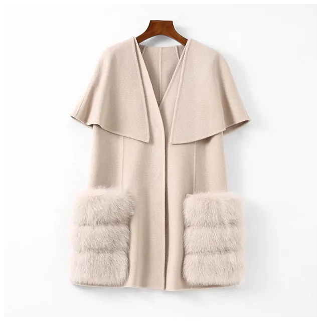 Real Fur Coat Wool Blends Fox Fur Vest Long Trench