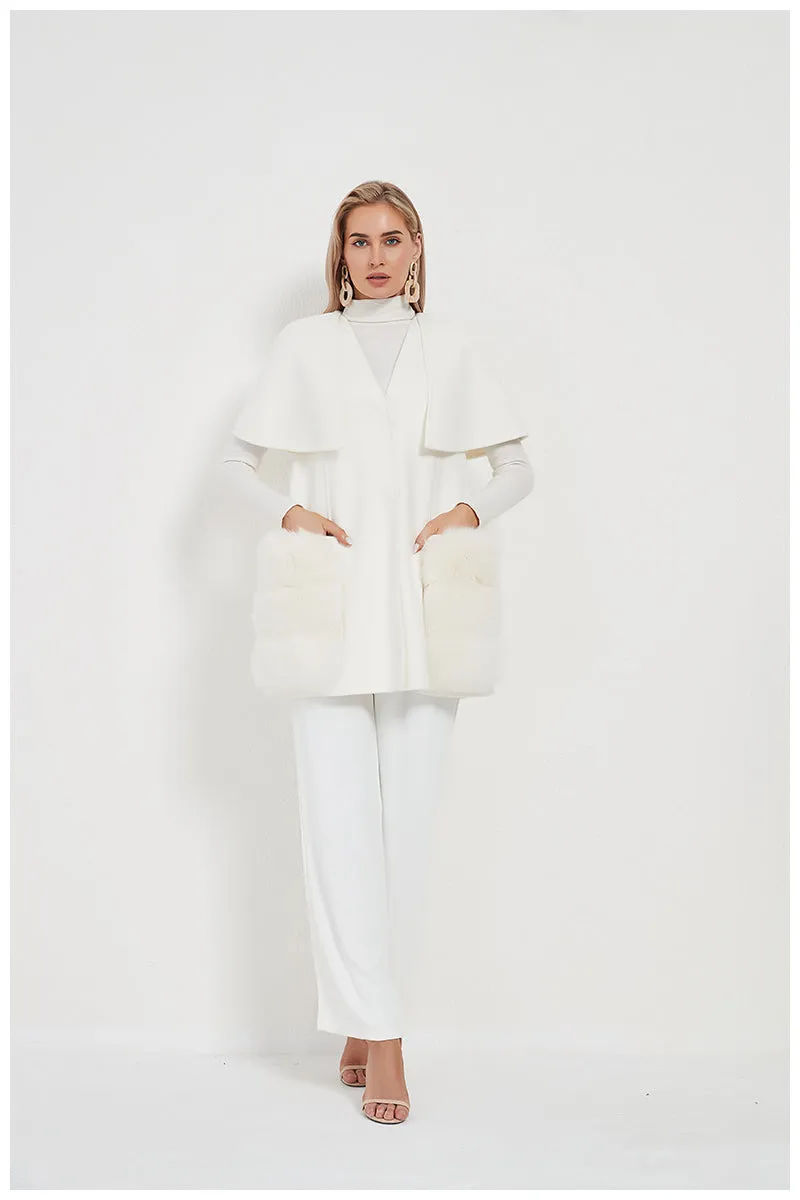 Real Fur Coat Wool Blends Fox Fur Vest Long Trench