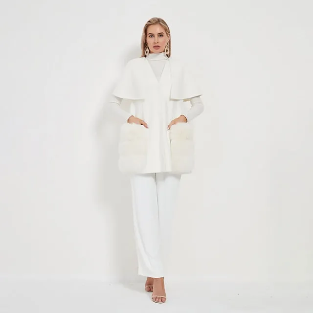 Real Fur Coat Wool Blends Fox Fur Vest Long Trench