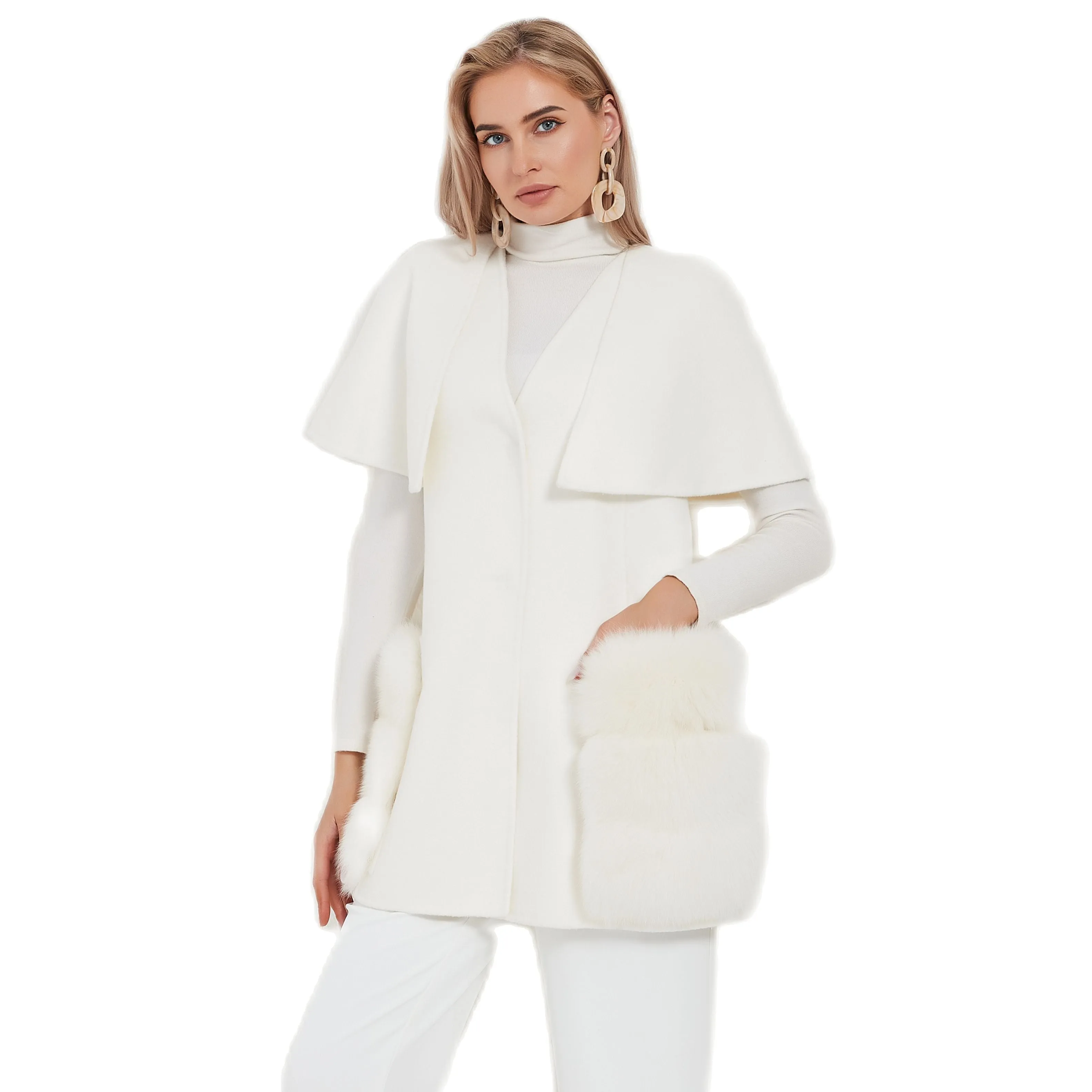 Real Fur Coat Wool Blends Fox Fur Vest Long Trench