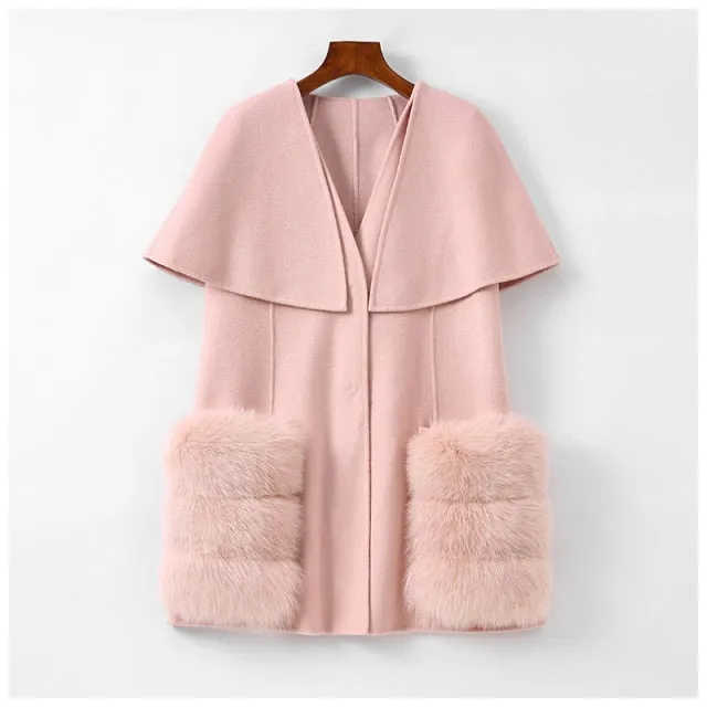 Real Fur Coat Wool Blends Fox Fur Vest Long Trench