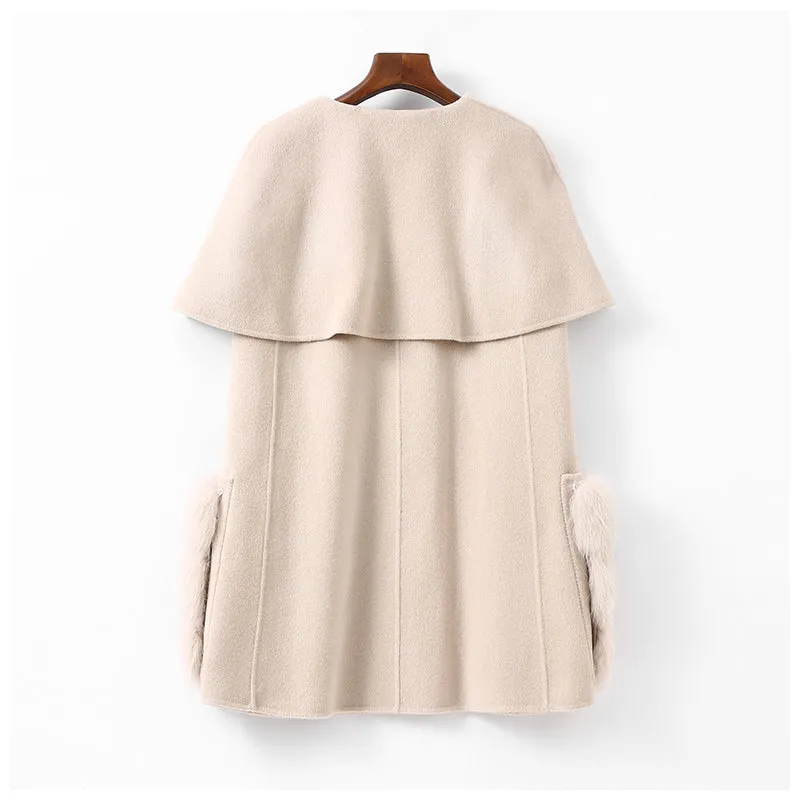 Real Fur Coat Wool Blends Fox Fur Vest Long Trench