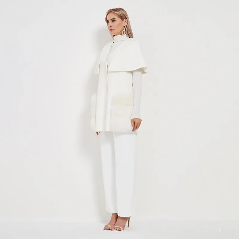 Real Fur Coat Wool Blends Fox Fur Vest Long Trench