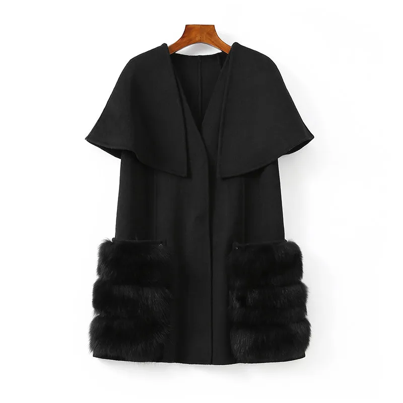 Real Fur Coat Wool Blends Fox Fur Vest Long Trench
