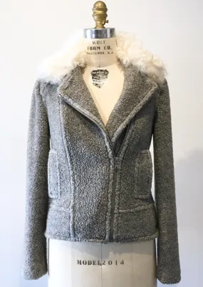 REBECCA TAYLOR Women's grey teddy jacket w/ white shearling collar, size 2