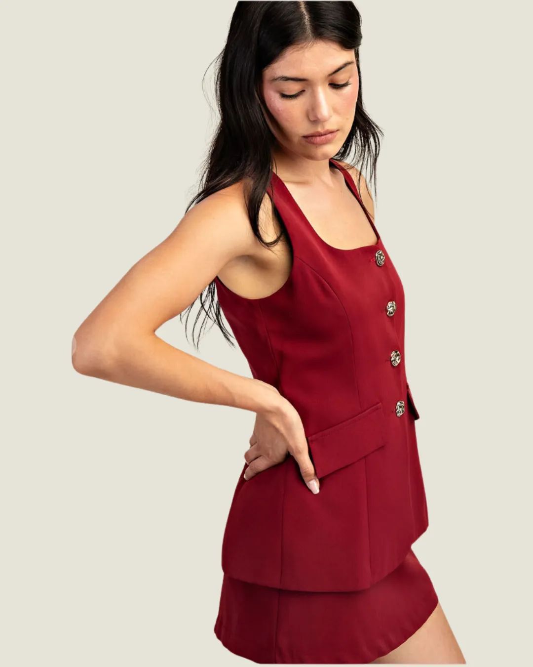 Red Front Buttoned Tailored Woven Mini Dress