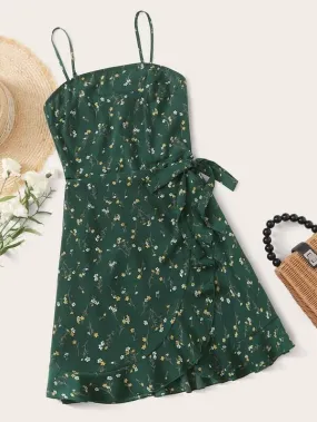 Shirred Back Wrap Knot Ruffle Hem Ditsy Floral Cami Dress