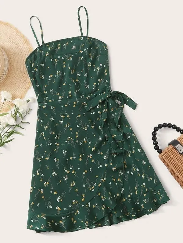 Shirred Back Wrap Knot Ruffle Hem Ditsy Floral Cami Dress