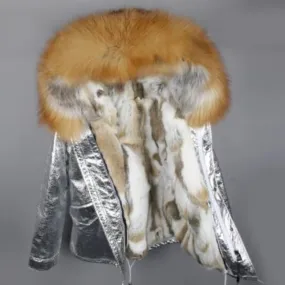Silver Genuine Raccoon Fur Collar Hooded Jacket