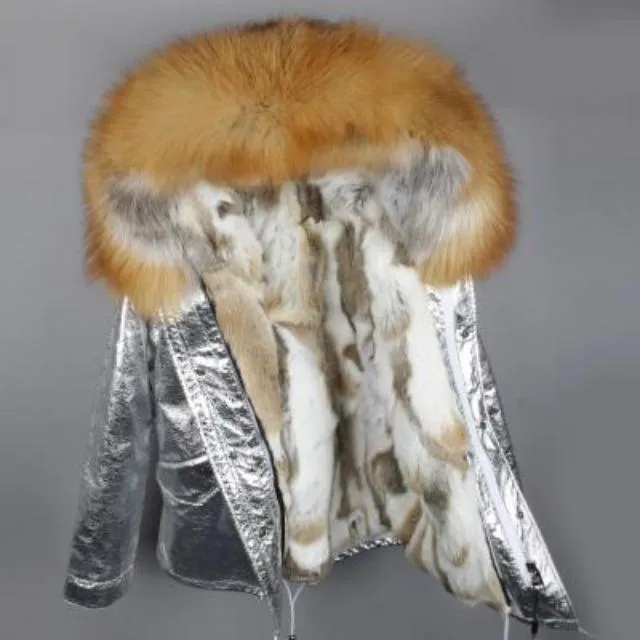 Silver Genuine Raccoon Fur Collar Hooded Jacket