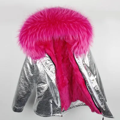 Silver Genuine Raccoon Fur Collar Hooded Jacket