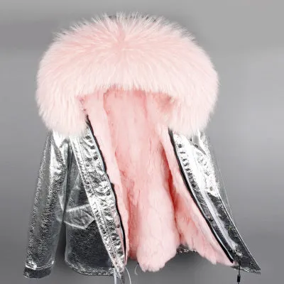 Silver Genuine Raccoon Fur Collar Hooded Jacket