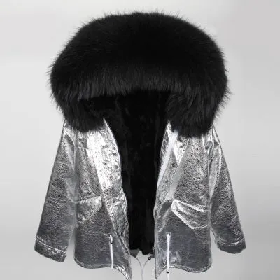 Silver Genuine Raccoon Fur Collar Hooded Jacket